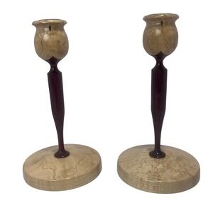 Thompson's Woodcraft‎ Handcrafted MCM Danish Pair Wooden Candlesticks 8"